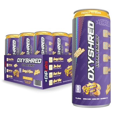 EHPlabs OxyShred Energy Drink - Zero Sugar, Zero Calories, with Amino Acids, Vitamin C, Green Tea Extract & Clean Caffeine - Passionfruit (12-Pack)