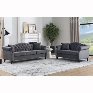 3-Seater + 2-Seater Velvet Chesterfield Tufted Sofa Set with Nailhead Trim and 4 Pillows for Living Room, Bedroom - 1 of 4