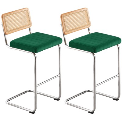 Bekrvio Bar Stools Set of 2/3/4, 26”/30" Barstool with Rattan Back, Velvet-Upholstered & Chrome Frame,Mid Century Modern Kitchen Stool for Island