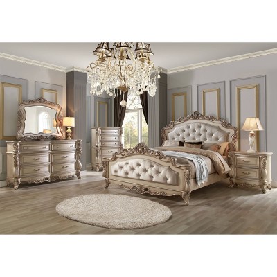 King Cream Upholstered Wood Panel Bed with Tufted Headboard