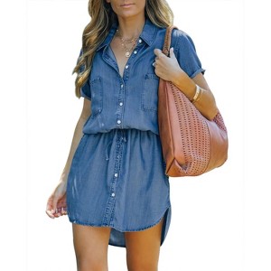Imily Bela Flattering Tie Waist Denim Shirt Dress Summer Short Sleeve Casual Jean Dress for Women - 1 of 4