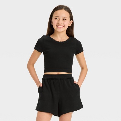 Girls' Short Sleeve Lace Trim Seamless T-shirt - Art Class™ Black Xs ...