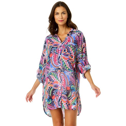 Anne Cole Women's Paisley Parade Button Down Shirt Swimsuit Cover Up ...