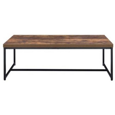 Metal Framed Coffee Table with Veneer Top Brown/Black - Benzara