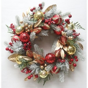24"Pre-Lit Christmas Wreath with 20 LED Lights&Timer,Red Gold Artificial Wreath with Ball Ornaments,for Front Door Wall Window Holiday Decor - 1 of 4