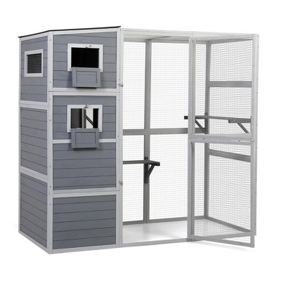 COZIWOW Large Outdoor Cat Catio, 4-Tier Playpen Small Animal Shelter with Weatherproof Roof, 2 Resting Rooms and 2 Platforms, Grey