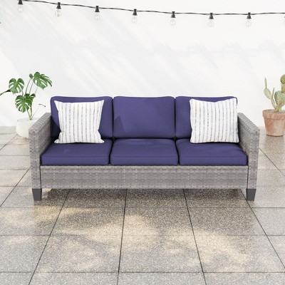 Sonkuki Outdoor Wicker Patio 3-Seat Sofa, PE Rattan Conversation Set With All-Weather Cushions