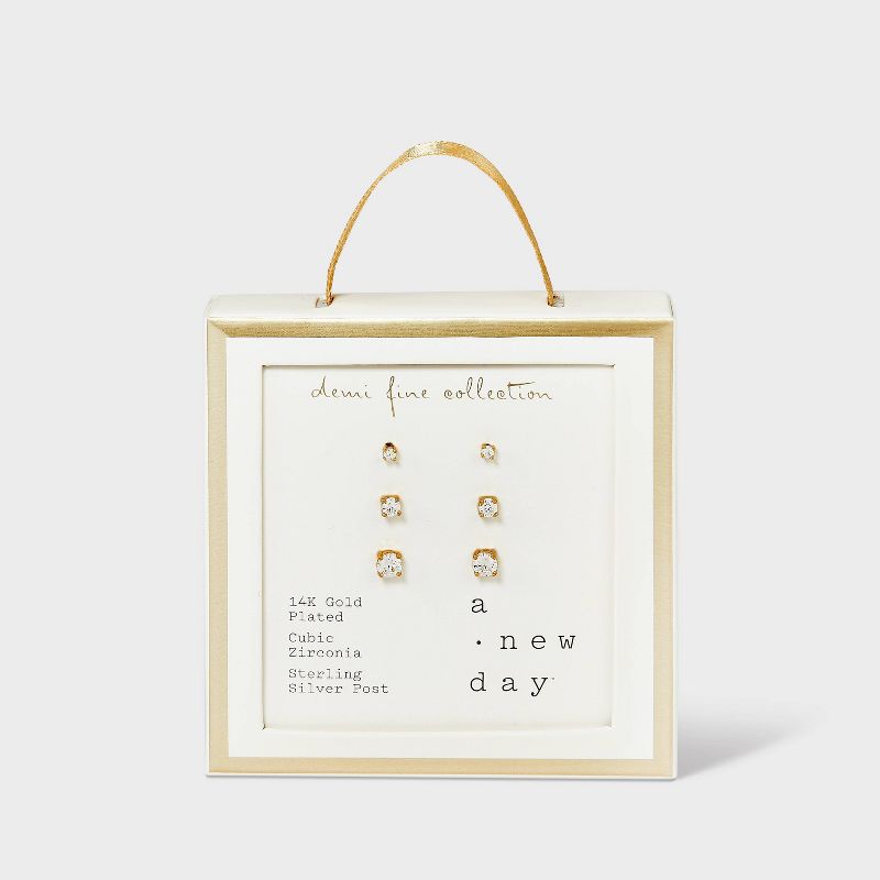 14K Gold Plated Cubic Zirconia Trio Stud Earring Set - A New Day&#8482; Gold, 4 of 5