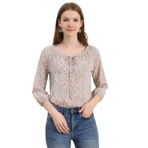 Allegra K Women's Bow Tie Round Neck 3/4 Raglan Sleeve Floral Blouse - 1 of 4