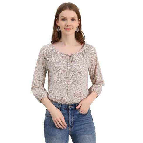 Allegra K Women's Bow Tie Round Neck 3/4 Raglan Sleeve Floral Blouse - image 1 of 4