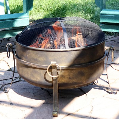 24-Inch Dark Bronze Steel Cauldron Fire Pit with Spark Screen