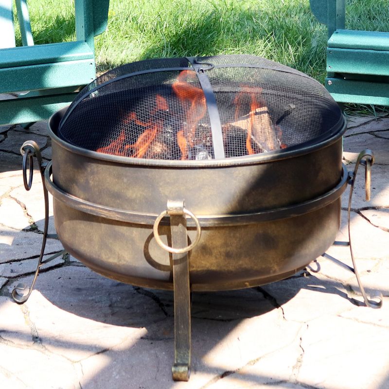 Sunnydaze Outdoor Camping or Backyard Round Cauldron Fire Pit with Spark Screen, Log Poker, and Metal Wood Grate, 3 of 11