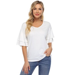 Coolmee Women's Blouses Ruffle Sleeve T Shirts V Neck Double Tiered Bell Sleeve Top - 1 of 4