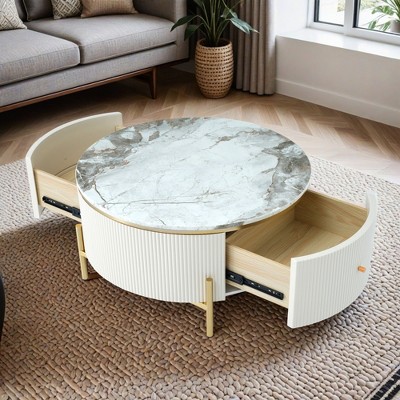 Modern Round Coffee Table with 2 large Drawers Storage Accent Table(31.5'') - Leovsnove