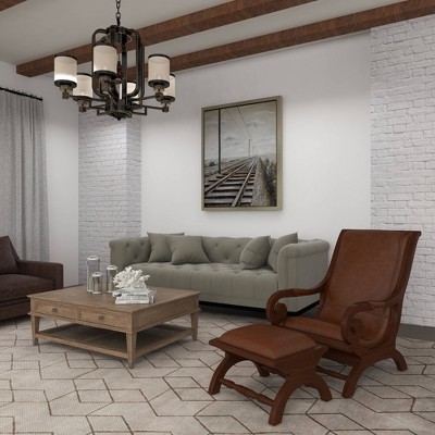 Handcrafted Brown Leather and Teak Wood Accent Chair with Ottoman