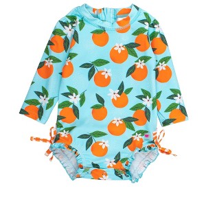 RuffleButts Baby Girls Orange You The Sweetest Long Sleeve UPF50+ One Piece Rash Guard - 1 of 4