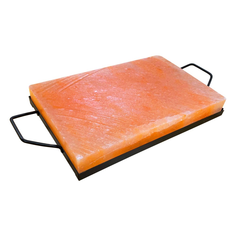 Outset Pink Himalayan Salt Plank with Holder Tray Cooking and Serving Cutting Block: Iron Construction, 13lb Weight