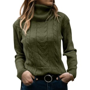 Imily Bela Women's High-Neck Solid Color Long-Sleeve Cable Knit Sweater Top - 1 of 3