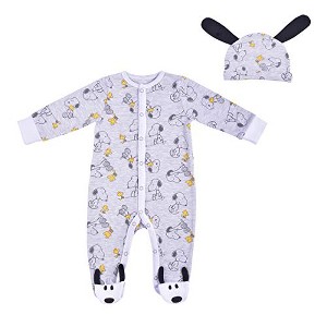 Peanuts Snoopy Boys Coverall Footed Romper and Hat Set for Newborn ...