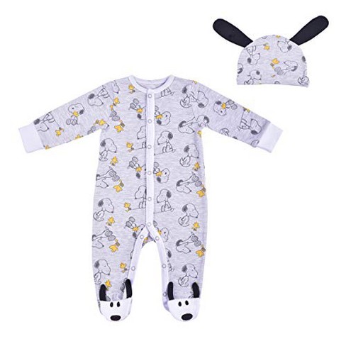 Peanuts Boy's 2-pack Snoopy Footed Baby Jumpsuit Coverall And Cap With ...