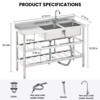 Stainless Steel Utility Sink, Freestanding Double Bowl with Pull-Out Hot & Cold Faucet, Storage Shelf - 2 of 4