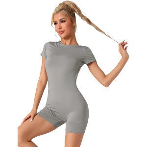 Allegra K Women's Backless Slim Fit Round Neck Short Sleeves Full Body Shapers - 1 of 4