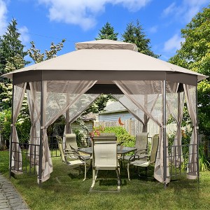 Costway 10'x12' Patio Gazebo Canopy Shelter Double Top Netting Sidewalls Beige - 1 of 4