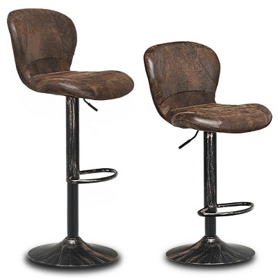 Costway Set of 2 Adjustable Swivel Bar Stool Hot-stamping Cloth with Backrest&Footrest Brown Low Back