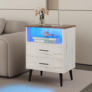 Vlsrka LED Night Stand with Charging Station, 3-Color Dimmable Lights, Modern Bedroom Bedside Table with Drawers, Open Shelf, Metal Legs - 1 of 3