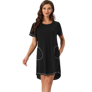 cheibear Women's Round Neck Short Sleeves Pajama Dress with Pockets Nightgowns - 1 of 4