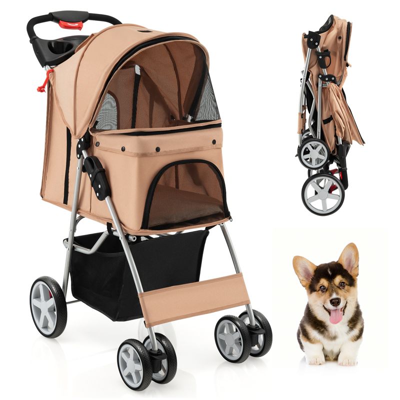 Tangkula 4 Wheels Pet Stroller Folding Cat Dog Stroller W/Storage Basket & Tray Adjustable Canopy All-Terrain EVA Wheels Foldable Cart Beige, 1 of 10
