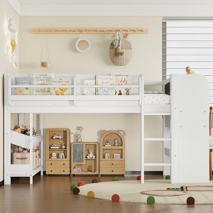 ORRD Twin Loft Bed with Desk & Bookcase, Low Bunk Bed with Storage Drawers, Blackboard & Play Area, Solid Wood, White Kids Bed, No Box Spring - 1 of 4