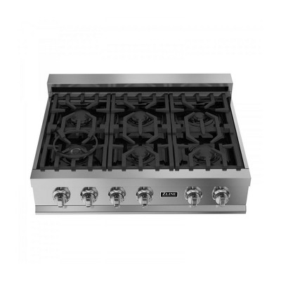 ZLINE RT36 36-Inch Porcelain Rangetop with 6 Gas Cooktop Italian Burners with Cast Iron Grill Stovetop, Stainless Steel