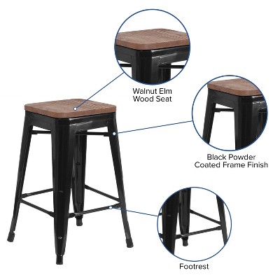 24" Black Metal and Wood Backless Counter Stool