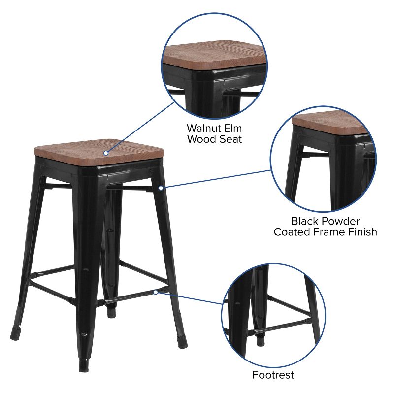 Emma and Oliver 24"H Backless Black Metal Counter Height Stool with Wood Seat, 5 of 14