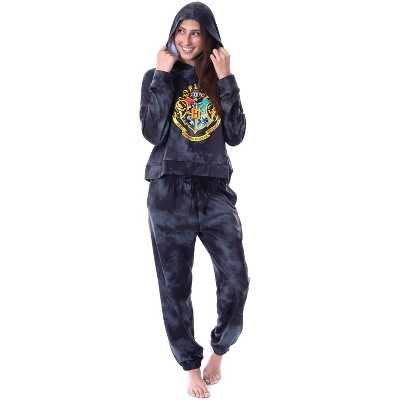 Harry Potter Womens' Hogwarts Crest Tie Dye Cropped Hooded Jogger Set Black