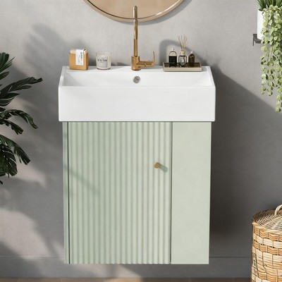 21.6" Modern Floating Bathroom Vanity with Ceramic Basin, Wall Mounted Sink Cabinet with Right Side Storage, Space-Saving Vanity for Small Bathrooms