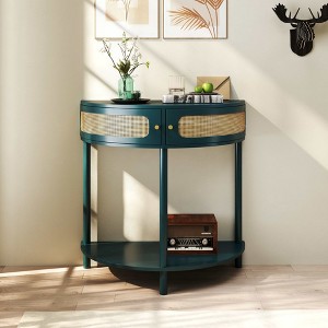 Spassway 32"W x 32"H Half Moon Console Table with Rattan Storage Cabinet Entry Table with Bottom Shelf Hallway Table Sofa Table Semi-circle End Table - 1 of 4