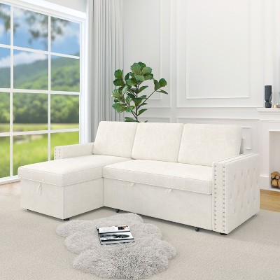 VYNXARIA 85 Inches Sofa Bed,3 Seater Sleeper Sofa with Storage Chaise, Square Handrail With Pull and Copper nail,Pull Out Couch