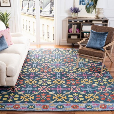 Hand-Knotted Blue and Multi Floral Wool Area Rug, 8' x 10'
