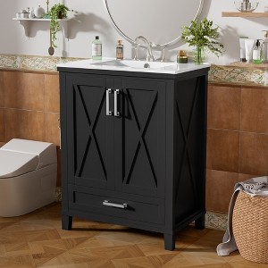 KWPZQEB Farmhouse Bathroom Vanity with Ceramic Sink, Freestanding Vanity with Divided Drawer, Floor Storage Cupboard with Dual Storage Shelves - 1 of 4