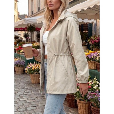 Женские куртки INSPIRE CHIC Women's Stand Collar Hooded Mid-Length Drawstring Waist Elastic Cuffs Outdoor Coats Large Beige — фото 4