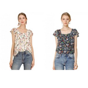 Allegra K Women's Chiffon Ruffle Sleeve Square Neck Floral Print Blouse 2 Pcs - 1 of 4