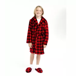 Sleep On It Boys Red Buffalo Plaid Plush Fleece Shawl Collar Robe with Matching Slippers