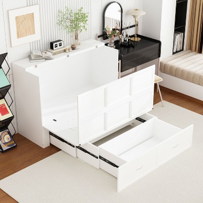 White Full Size Murphy Bed with Drawer and Charging Station