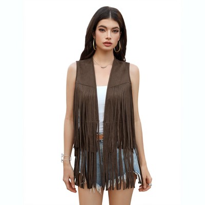 Women's Fringe Vest 70s Hippie Faux Suede Rivets Sleeveless Costume Fringe Jacket