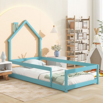 NicBex Kids Montessori Bed with House-Shaped Headboard,Floor Bed with Fences,Twin Size Toddler bed for Bedroom,Gray/White/Pink/Green/Blue/Brown