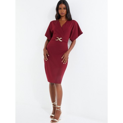 Satin Geometric V-Neck Midi Wrap Dress