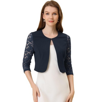 INSPIRE CHIC Women's Work Floral 3/4 Lace Trim Sleeves Open Front Bolero Shrug
