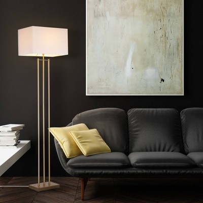 62" Matte Brass Floor Lamp with White Linen Shade